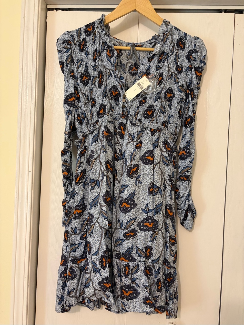 Anthropologie Blue Floral Smocked Dress with Orange Accents